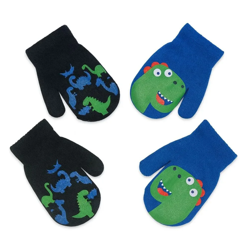 2 Pair Set Toddler Boys Multicolored Dino Dinosaur Knit Mittens Warm Winter NEW